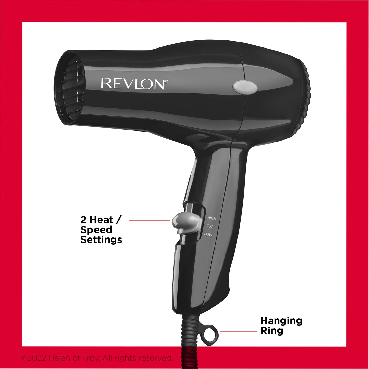 Close-up view of the rear removable end cap and hanging ring on the lightweight Revlon styling tool
