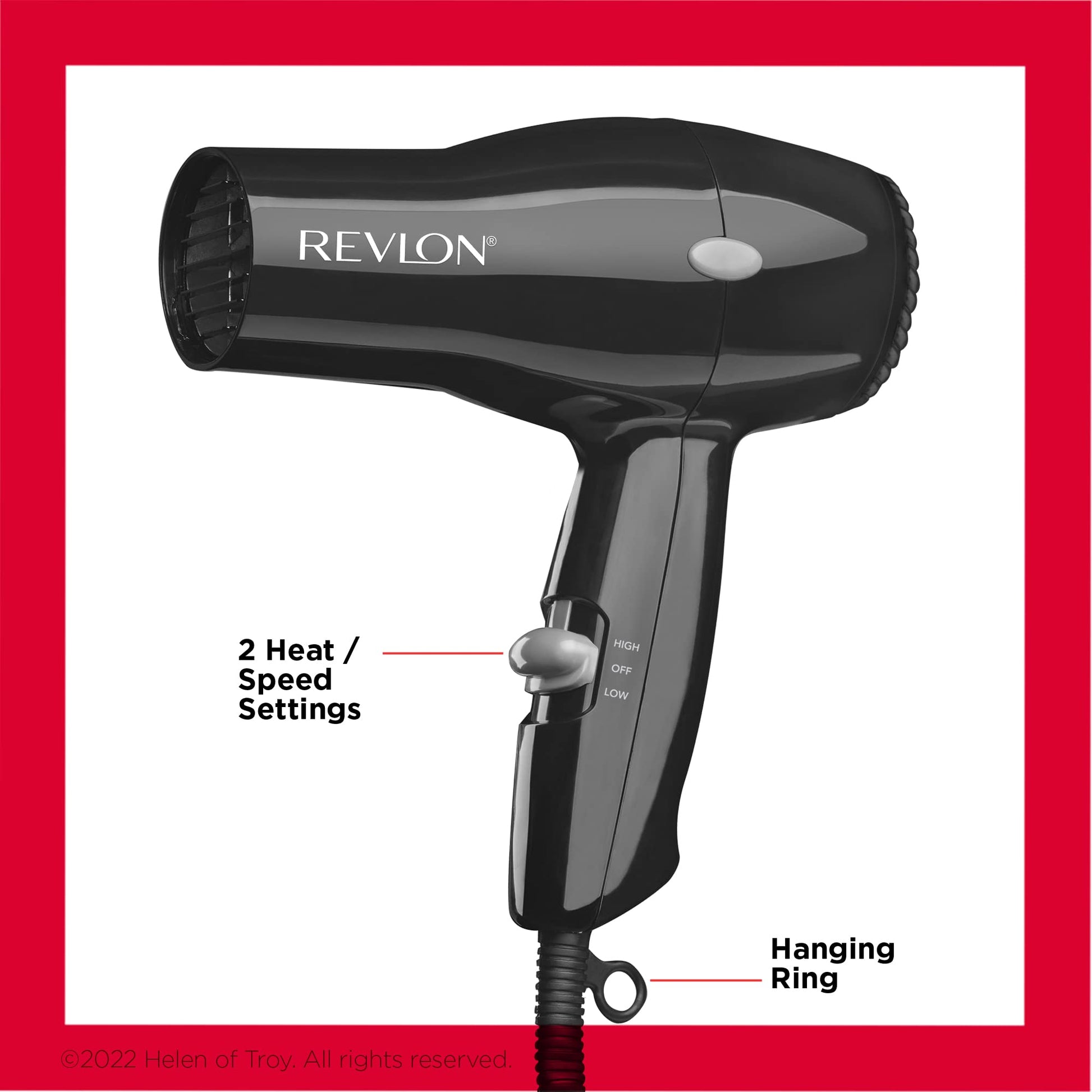 Close-up view of the rear removable end cap and hanging ring on the lightweight Revlon styling tool
