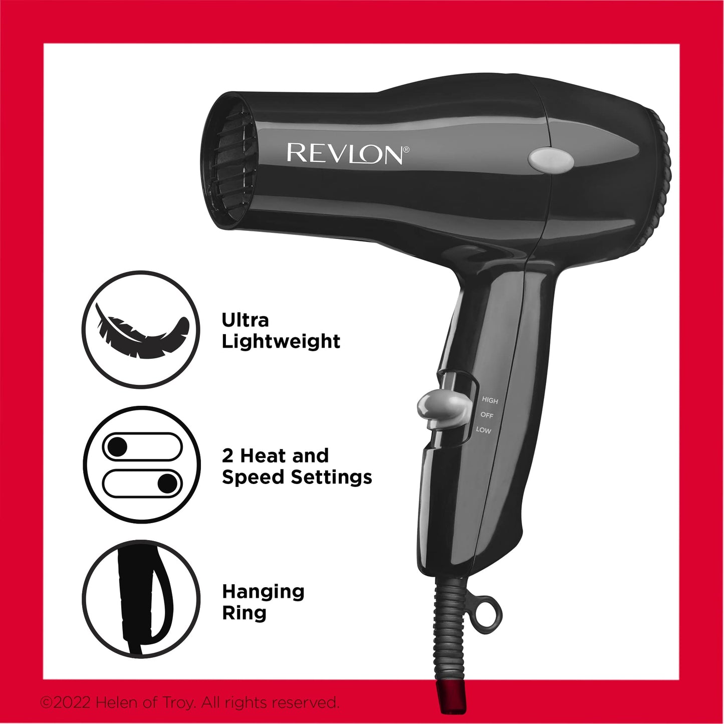 Revlon travel blow dryer unboxed demonstrating its small footprint and portable dimensions