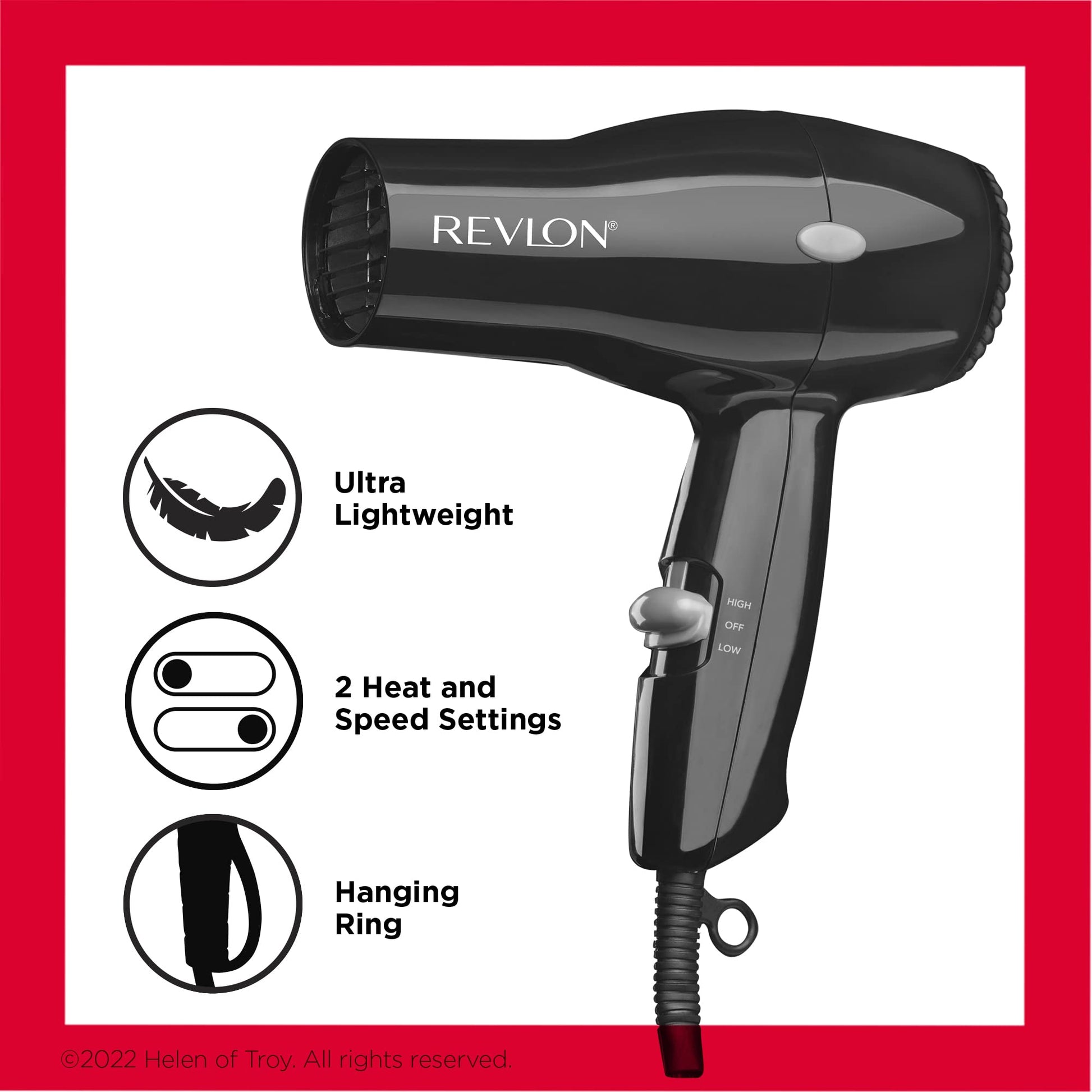 Revlon travel blow dryer unboxed demonstrating its small footprint and portable dimensions