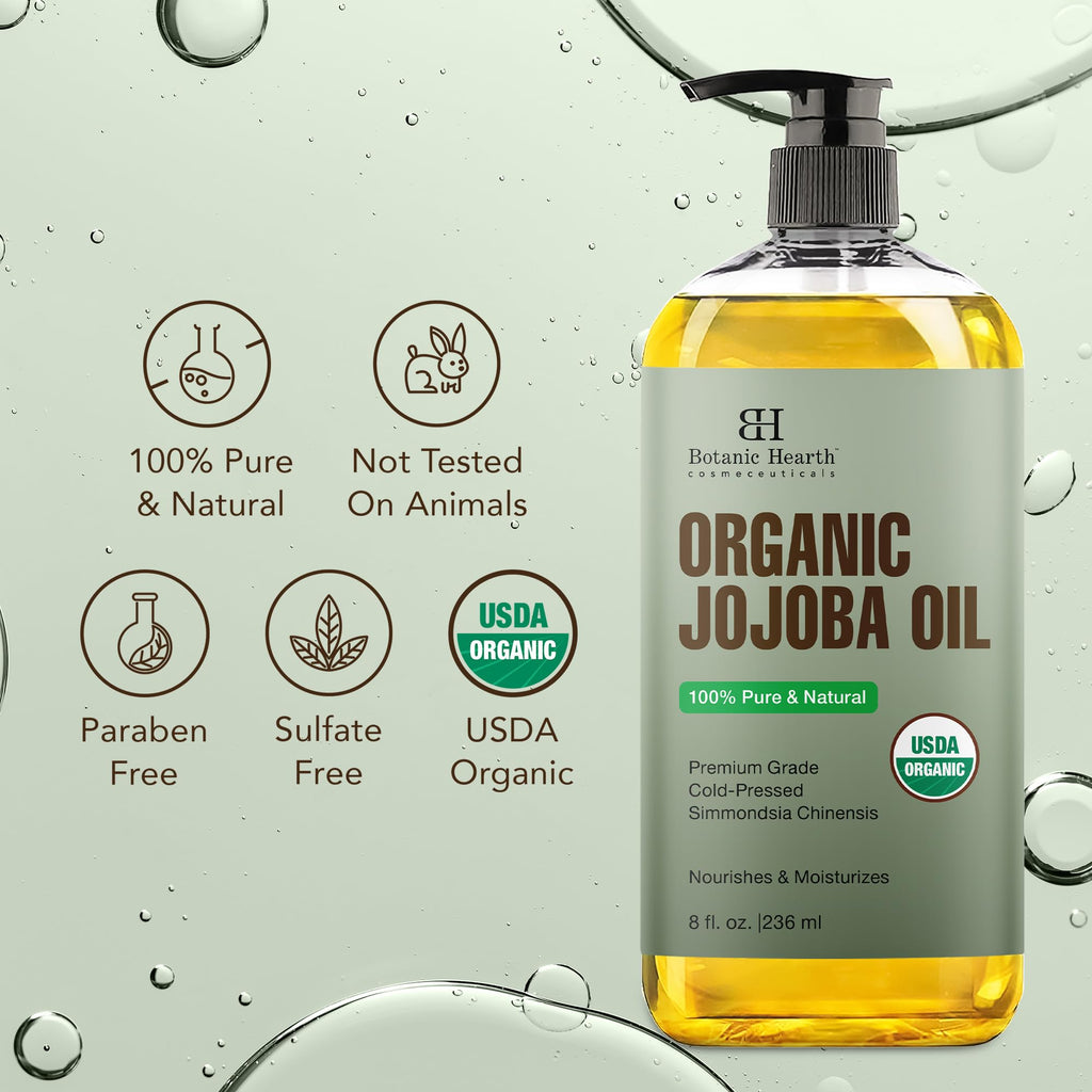 Botanic Hearth USDA Organic Jojoba Oil texture and purity showcase