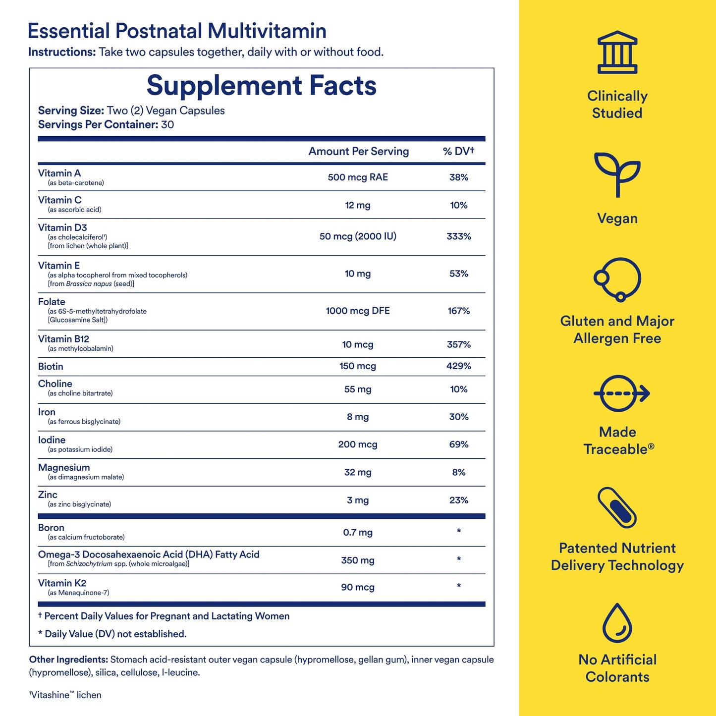 Back label of Ritual postnatal multivitamin with ingredient list