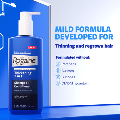 Rogaine Men's thickening 2 in 1 shampoo branding