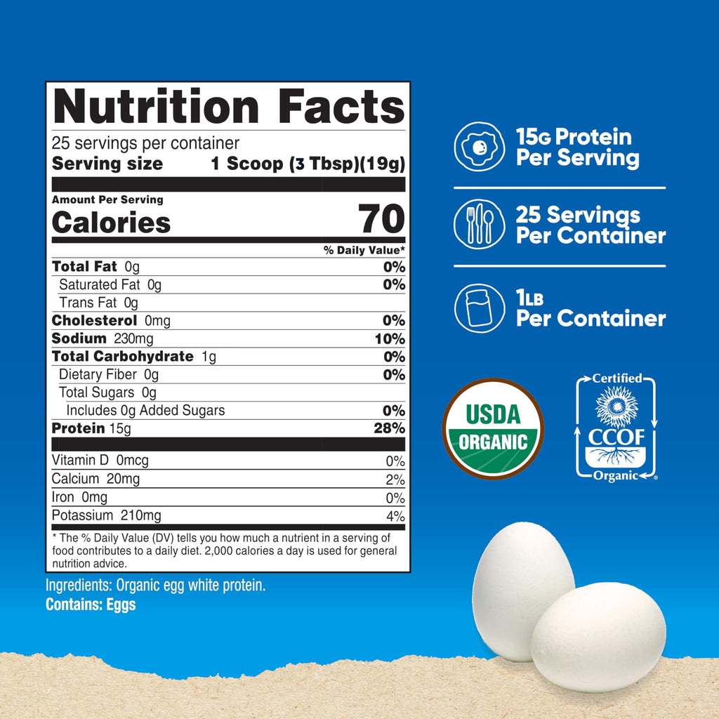 Nutricost Organic Egg White Protein Powder back label showing nutritional facts fifteen grams protein and ingredients list.
