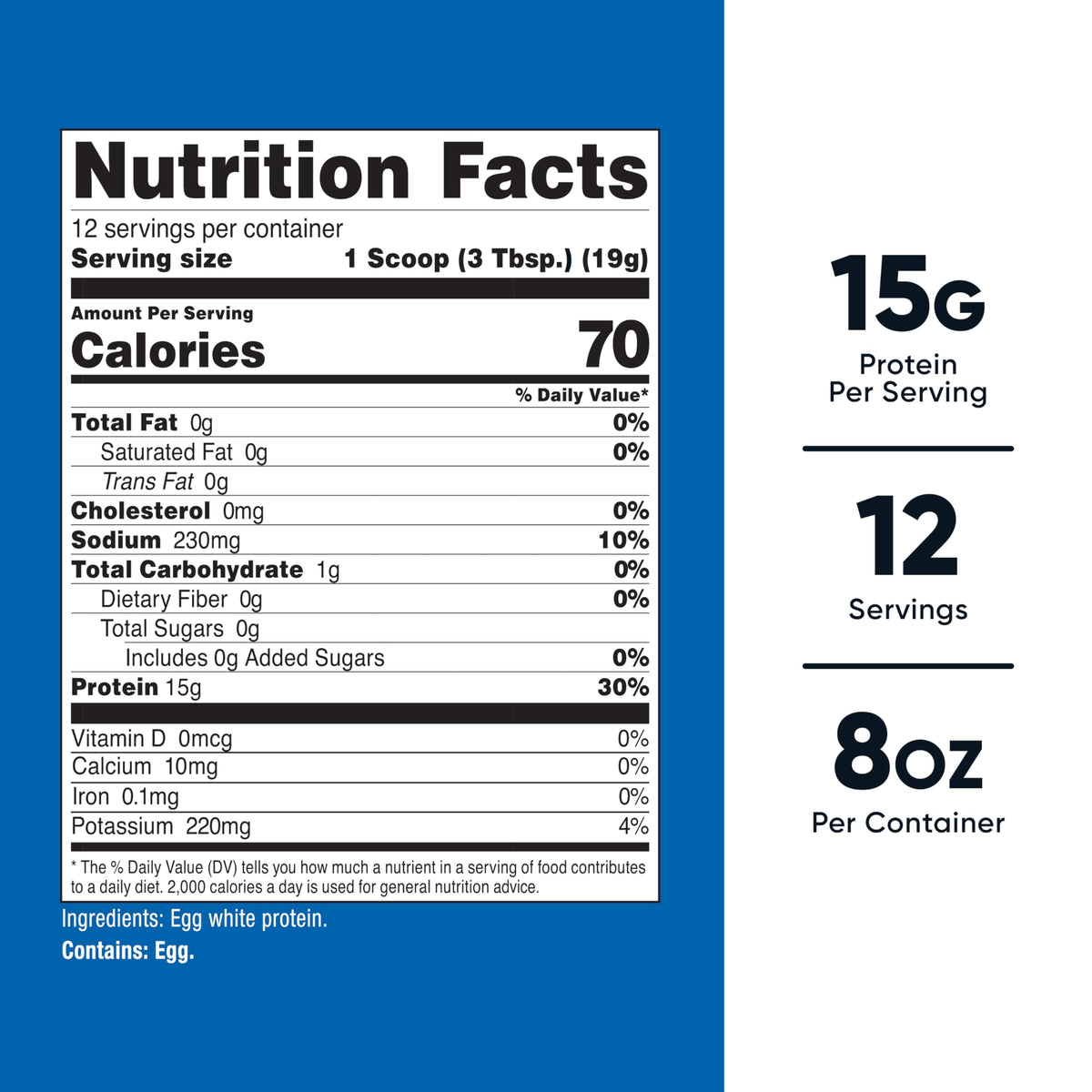 Nutricost Unflavored Egg White Protein nutritional facts label highlighting fifteen grams of protein per serving.