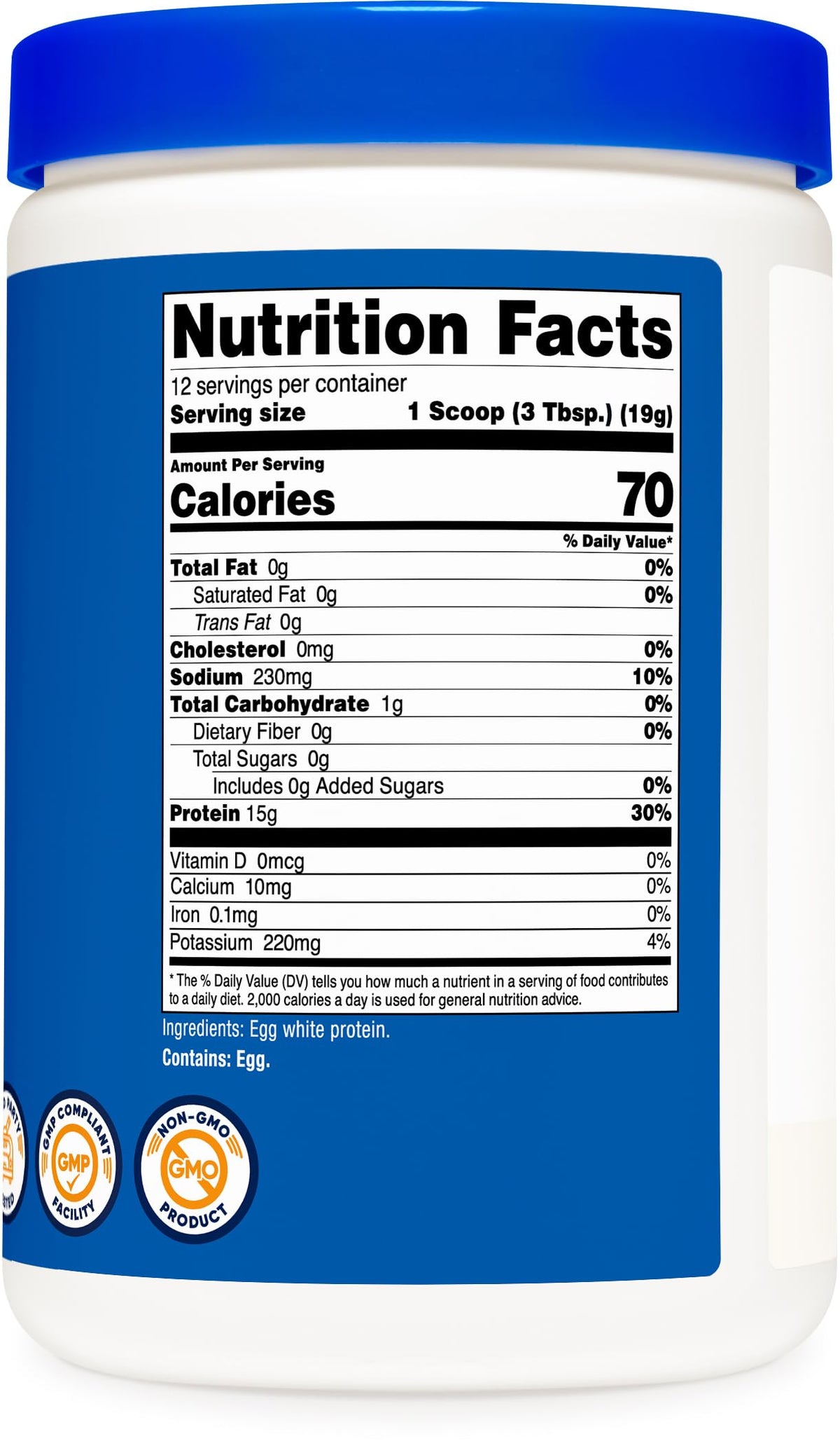 Nutricost egg white protein powder container angled view displaying premium unflavored clean protein powder.