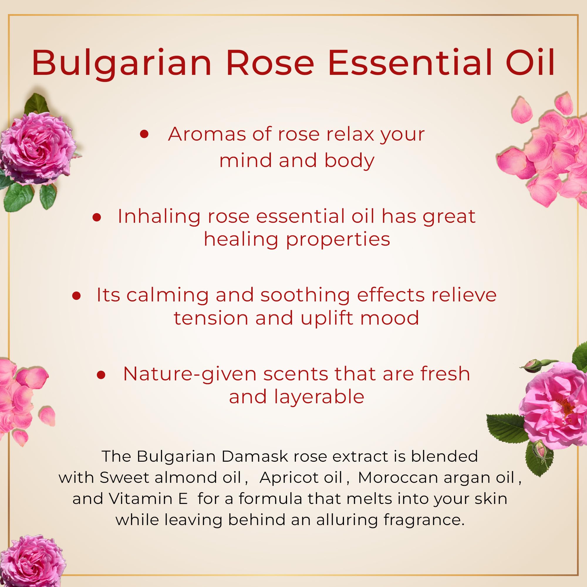 Natural botanical rose blend smooths dry hair strands and rough cuticles