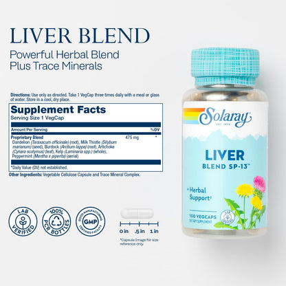 Solaray Liver Blend dietary supplement side label displaying proprietary herbal ingredients list