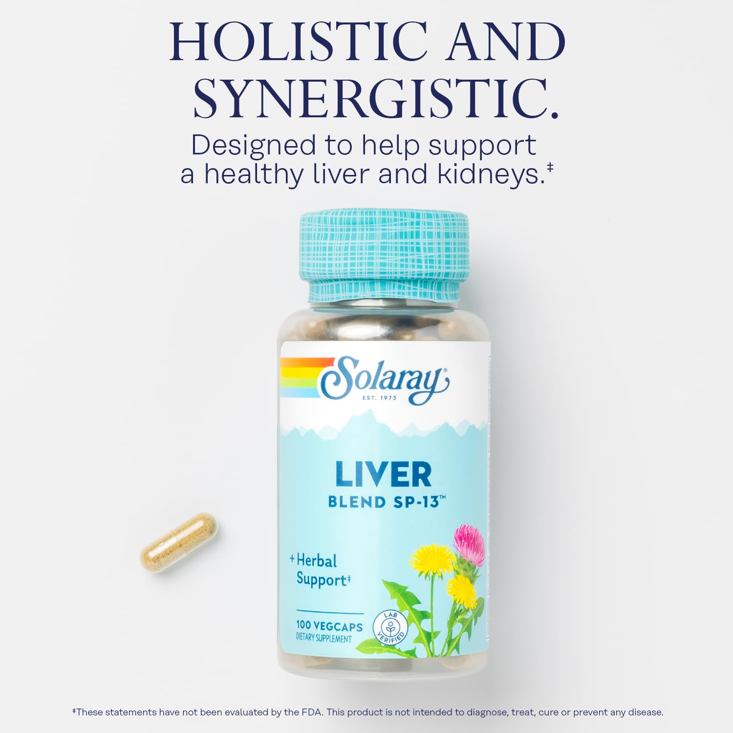 Solaray herbal liver detox capsules container showcasing vegan and gluten free verification badges