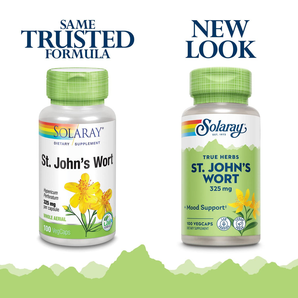 Solaray St Johns Wort 325 milligrams vegan capsules packaging showing non-GMO and lab verified seals