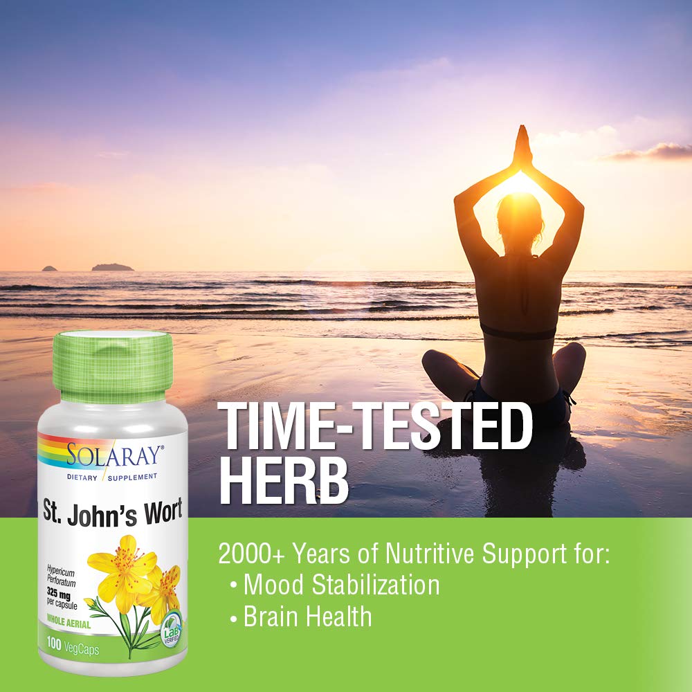Solaray St Johns Wort 100 count vegetarian capsules bottle back panel with directions and ingredients