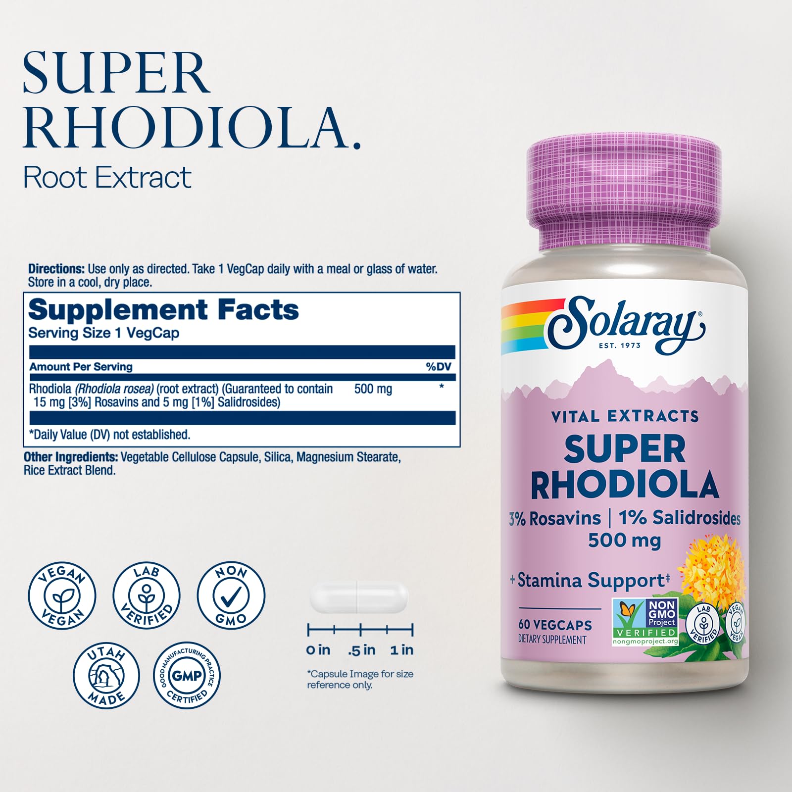 Solaray Super Rhodiola 60 vegetarian capsules bottle label
