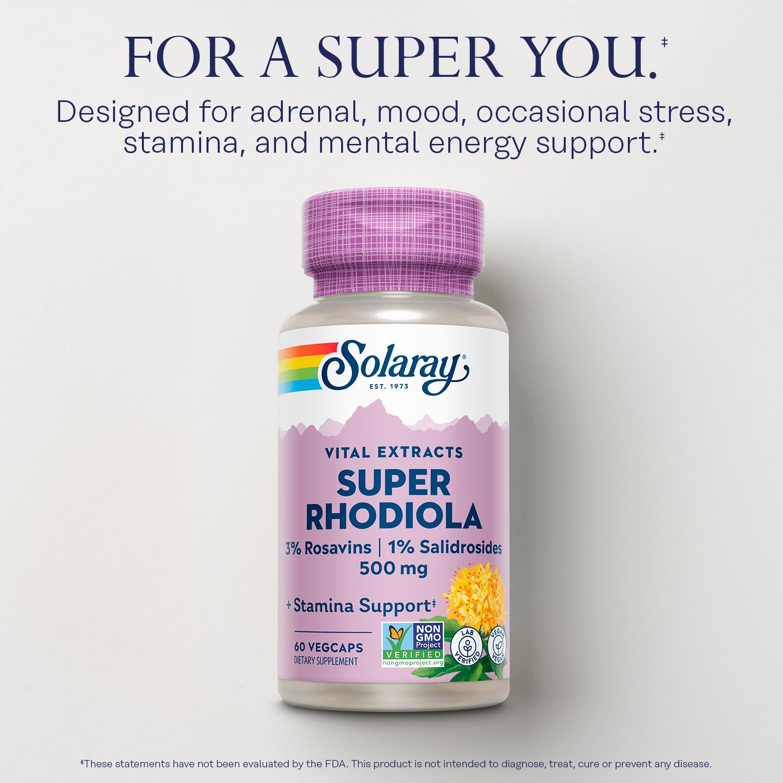 Side view of Solaray Super Rhodiola supplement showing standardized ingredients