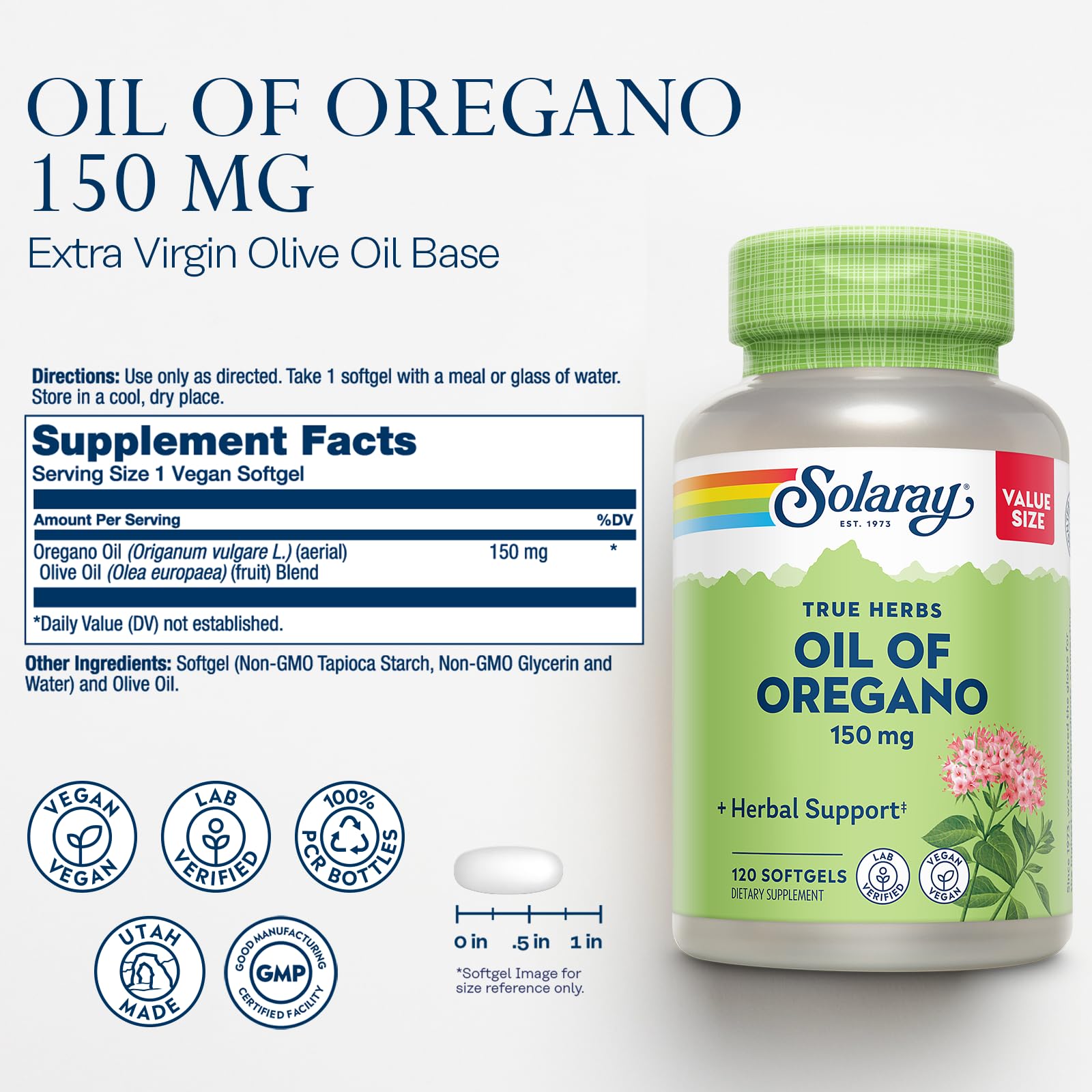 Solaray Oil of Oregano wellness supplement nutrition facts panel close up