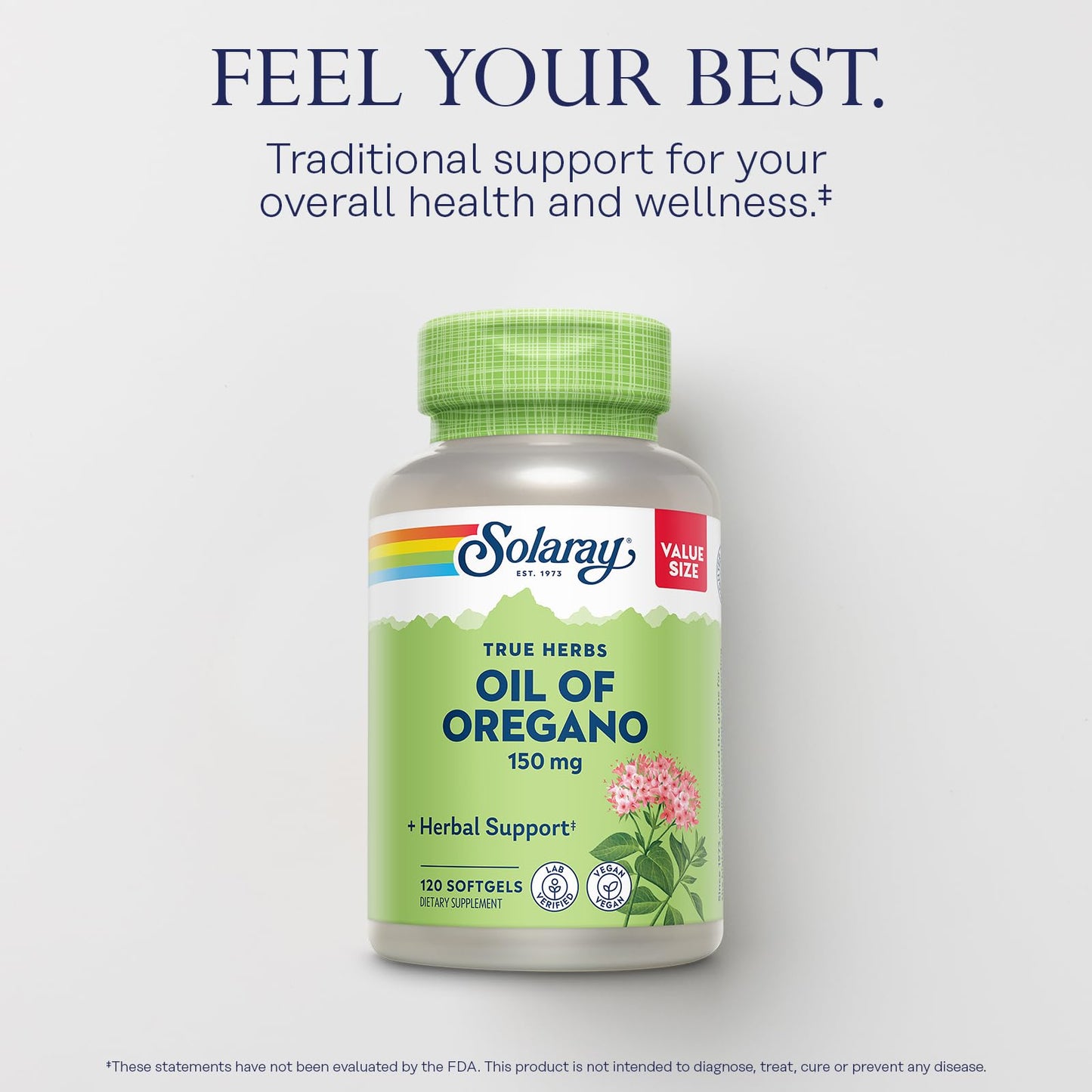 Solaray Oil of Oregano vegan softgels displayed next to the product packaging