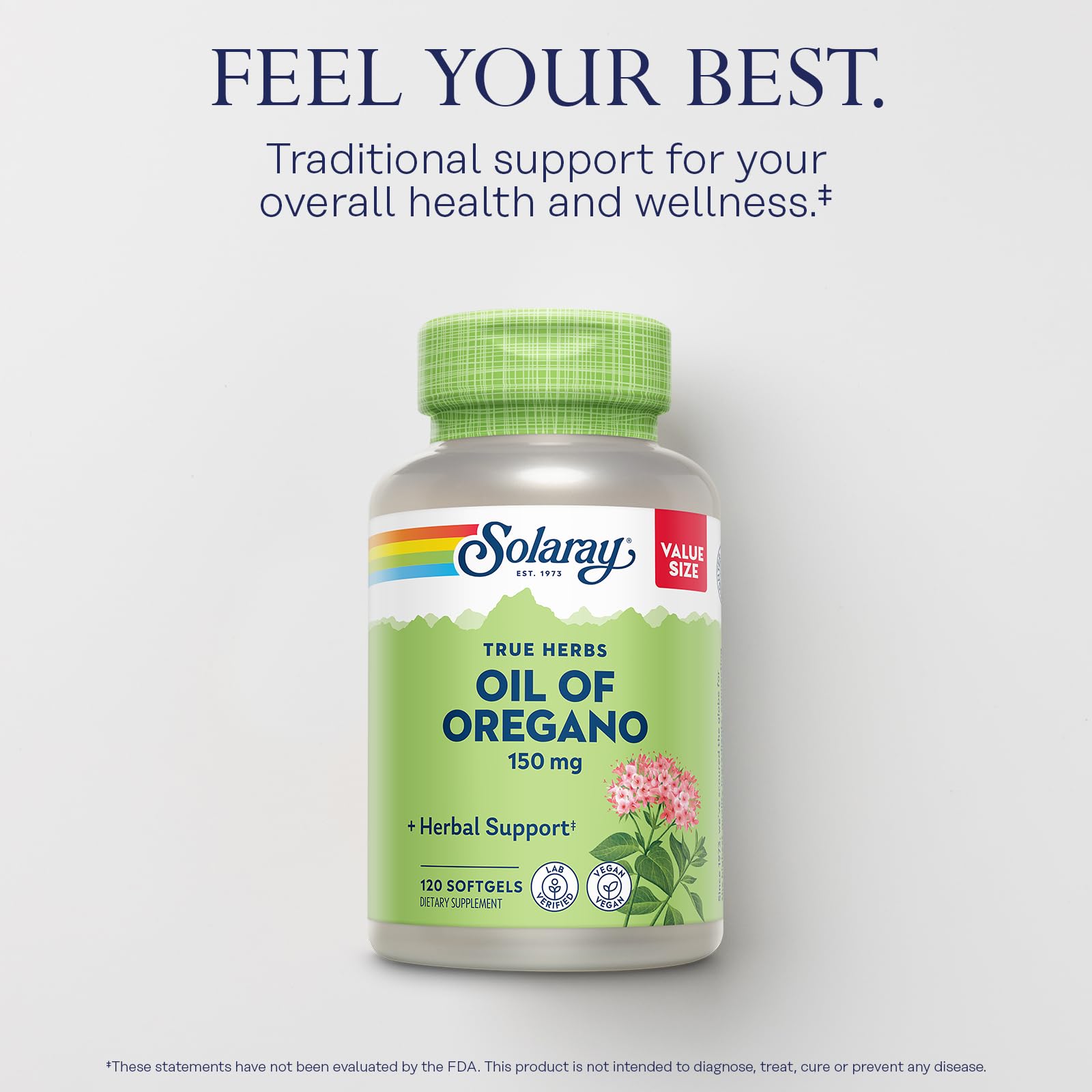 Solaray Oil of Oregano vegan softgels displayed next to the product packaging