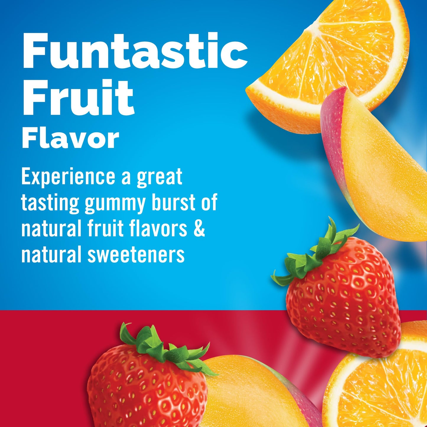 Emergen-C children's daily vitamin gummies in Fun-Tastic Fruit flavor assortment closeup view.