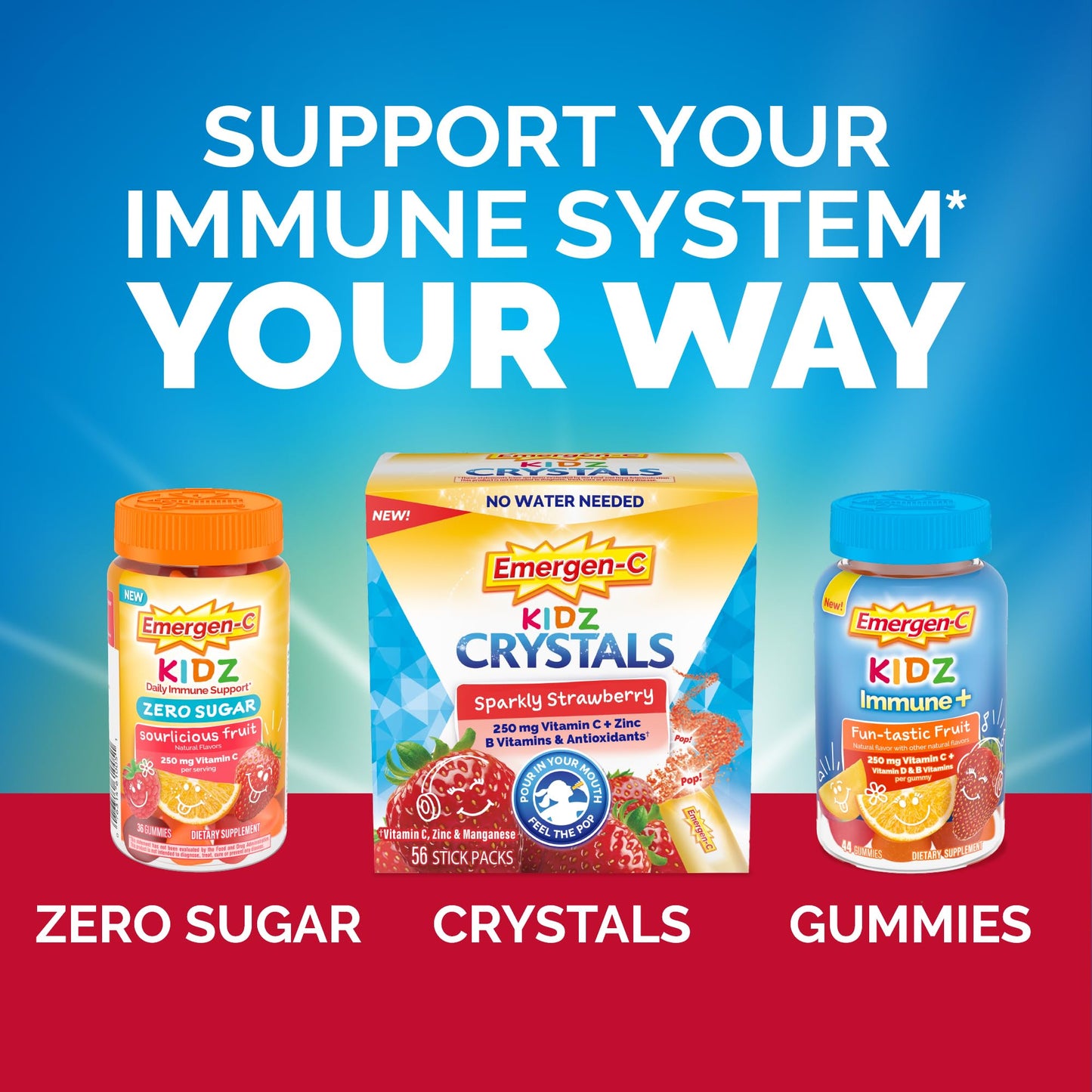 Emergen-C Kidz Immune Plus product label detailing child age guidelines and recommended usage directions.