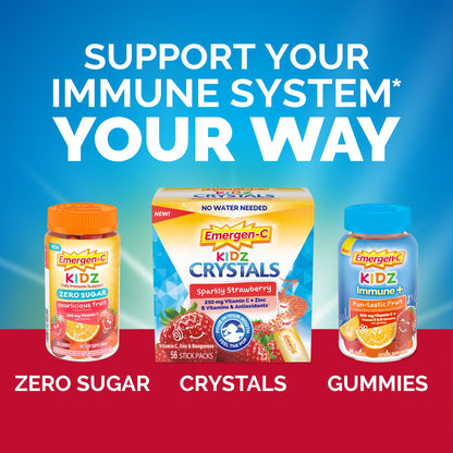 Emergen-C Kidz Immune Plus product label detailing child age guidelines and recommended usage directions.