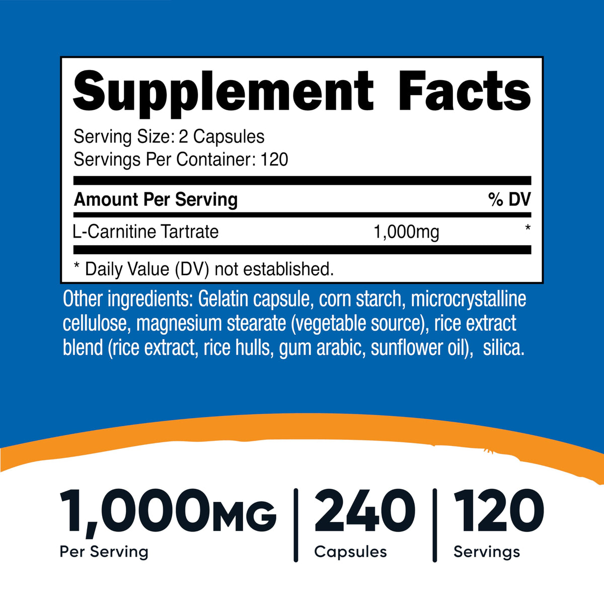 Nutricost L-Carnitine Tartrate supplement facts panel showing 1000mg serving size information