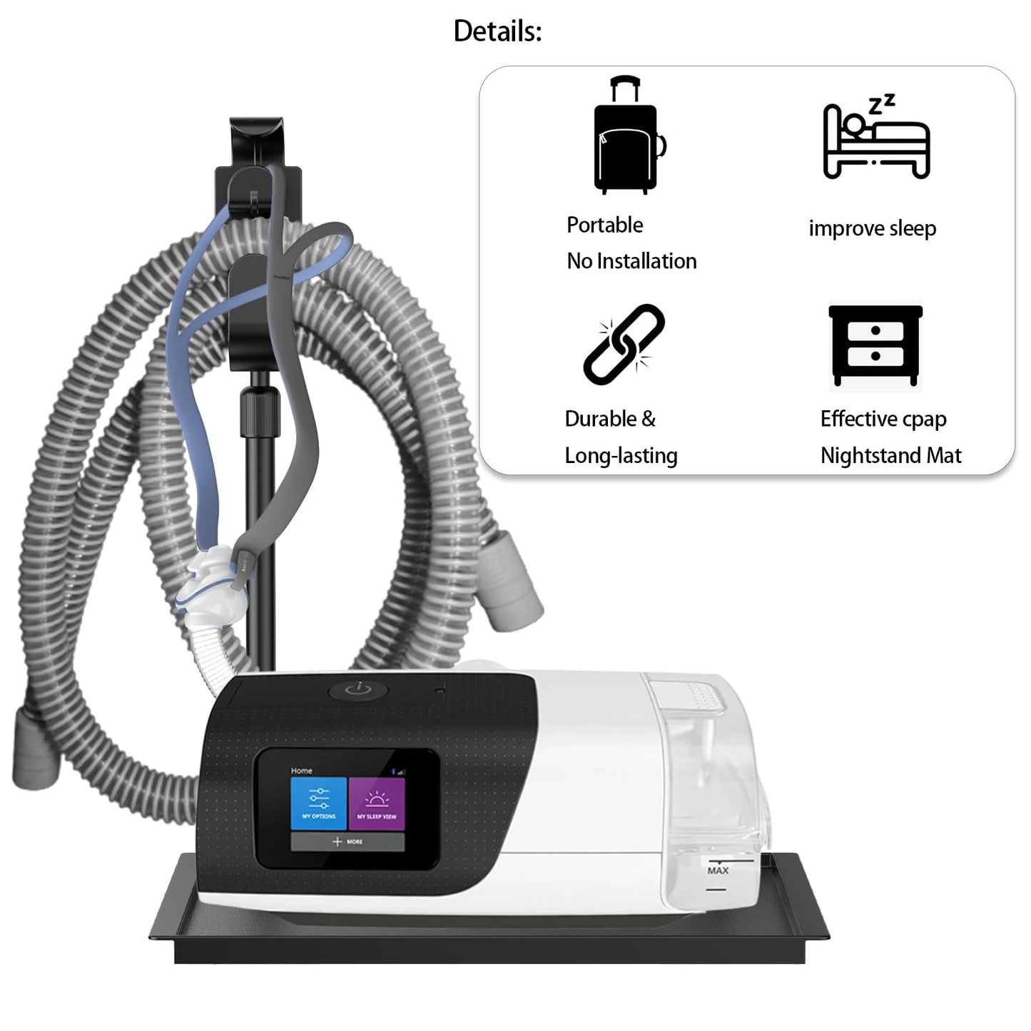 Matte black CPAP bedside mat with hose management system