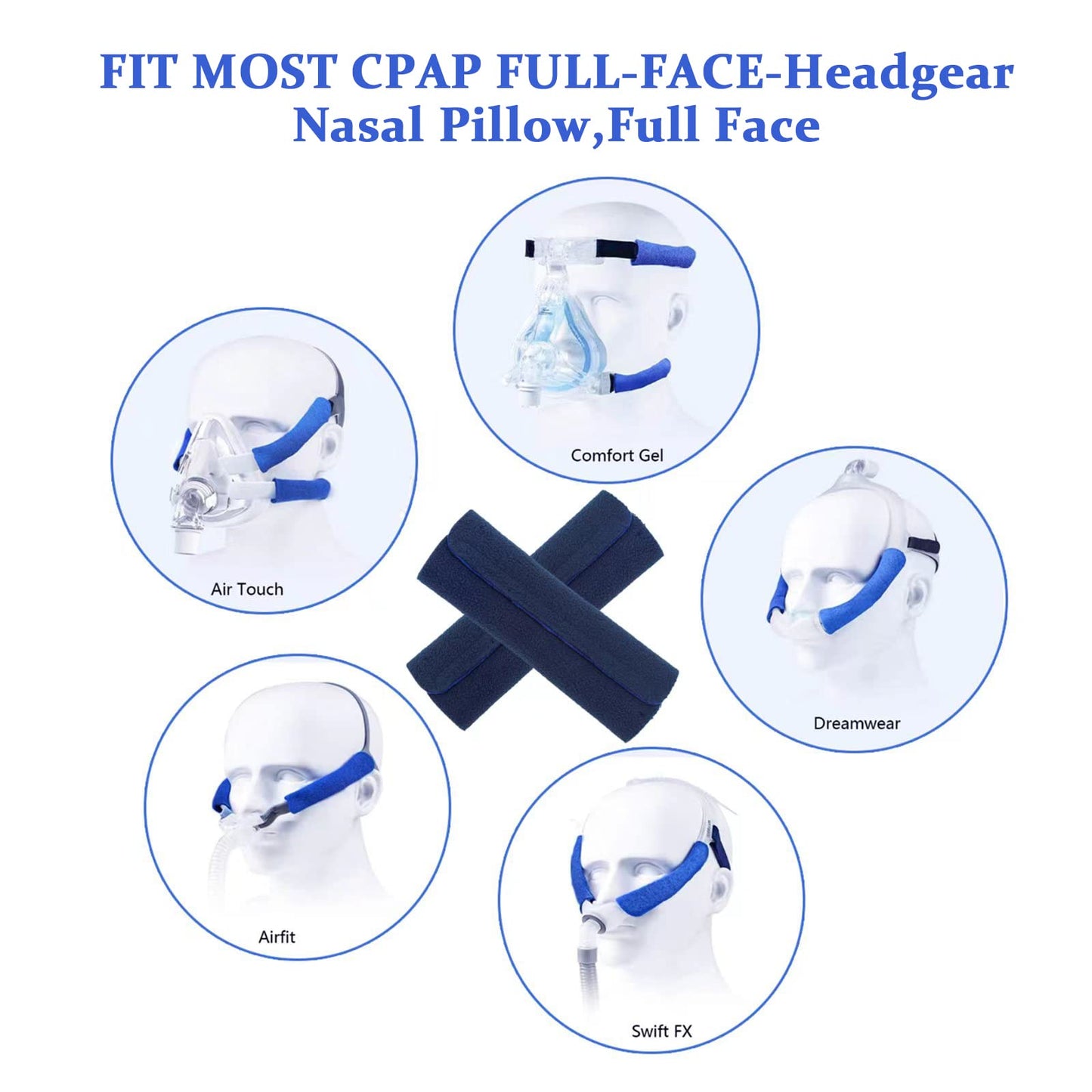 Set of eight blue fleece strap covers for sleep equipment