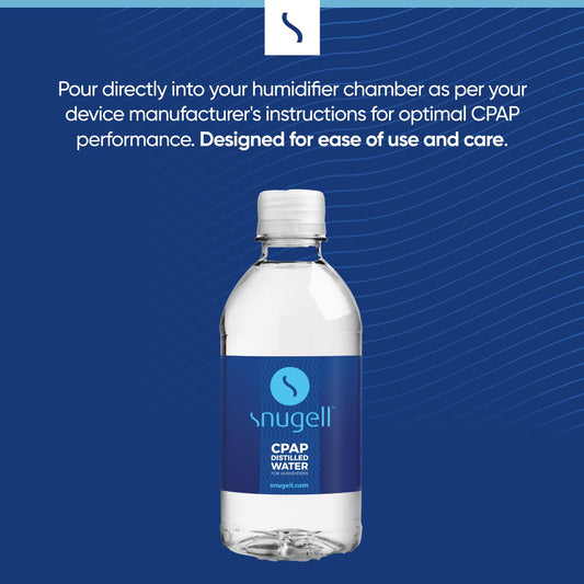 Close up of Snugell travel size distilled water bottle for CPAP