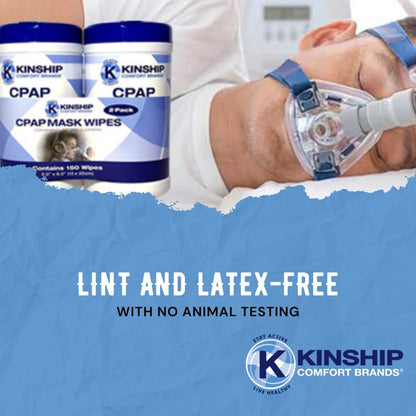 Close up of Kinship Comfort Brands CPAP cleaning wipes packaging with flip-top lid