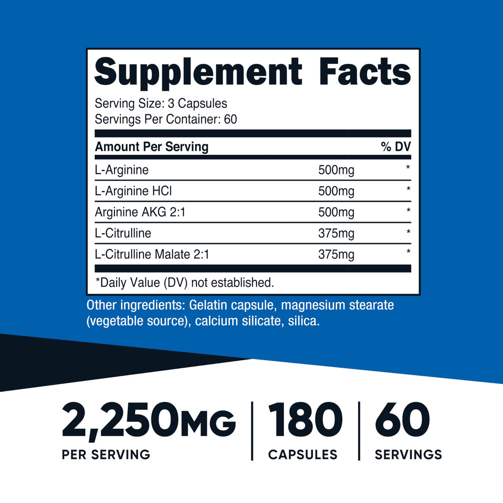 Nutricost Nitric Oxide Booster supplement bottle label displaying the comprehensive amino acid ingredients list and dietary certifications.