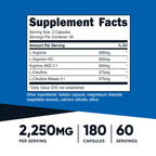 Nutricost Nitric Oxide Booster supplement bottle label displaying the comprehensive amino acid ingredients list and dietary certifications.