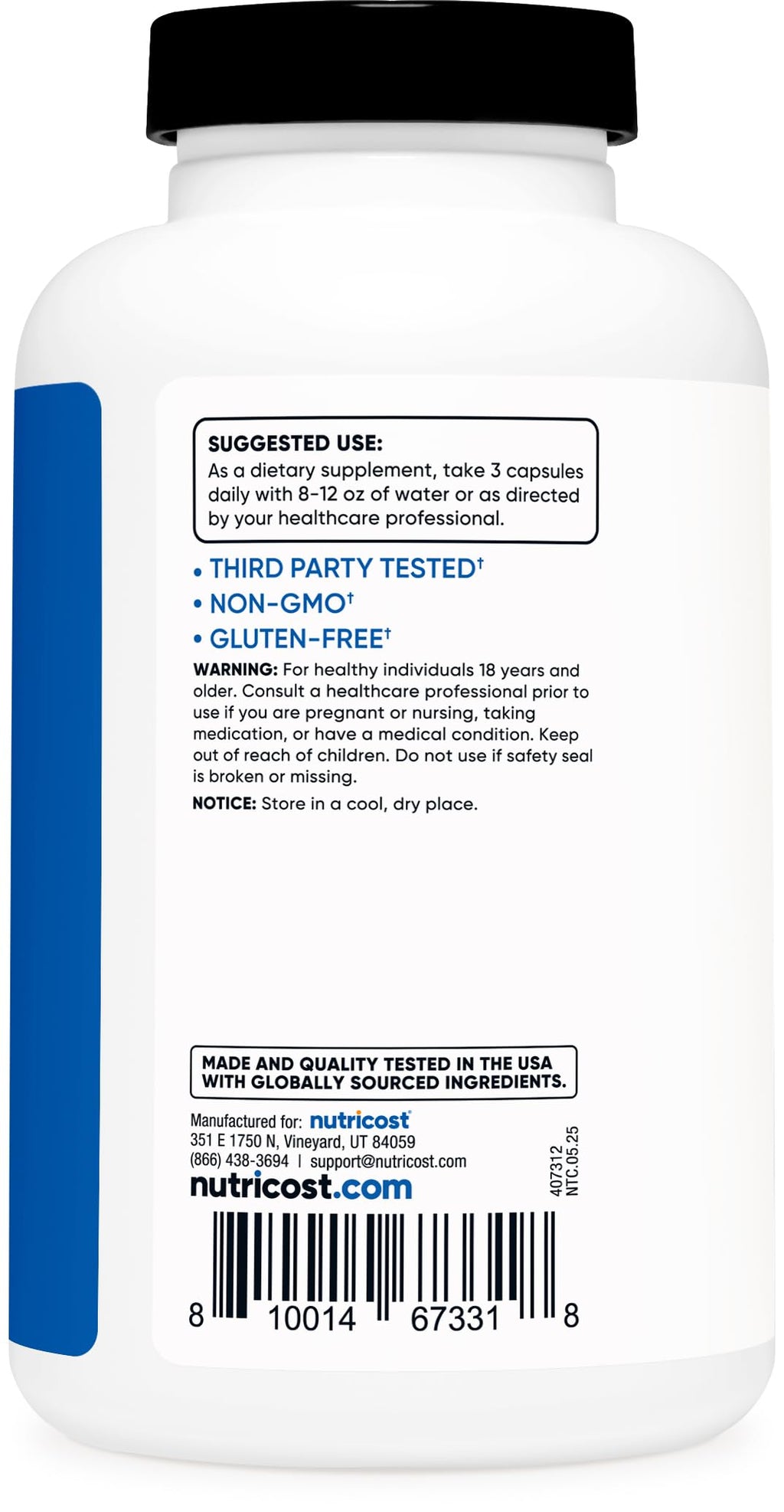 Nutricost Performance Nitric Oxide Booster bottle highlighting the 2250mg per serving strength description.