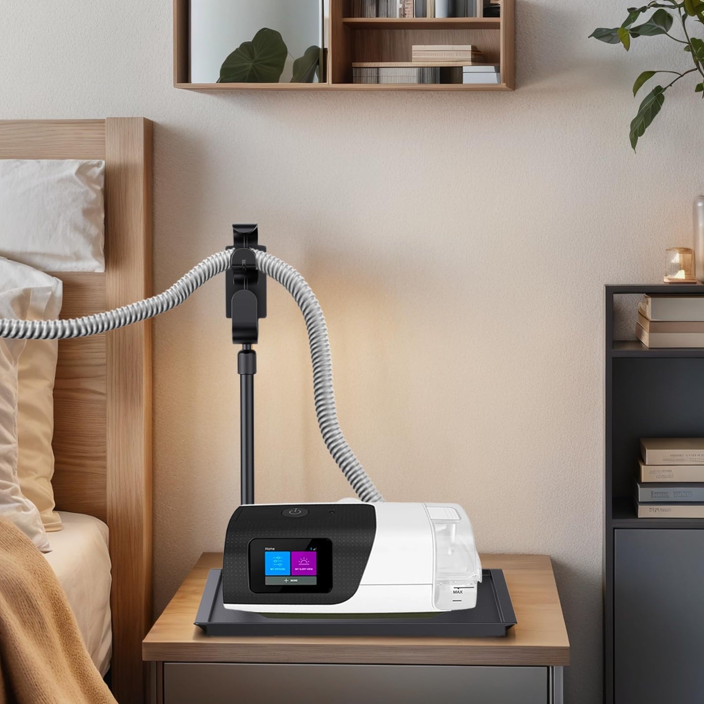 Retractable CPAP hose hook and bedside tray system