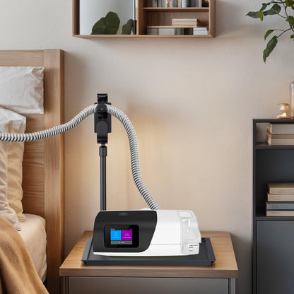 Retractable CPAP hose hook and bedside tray system