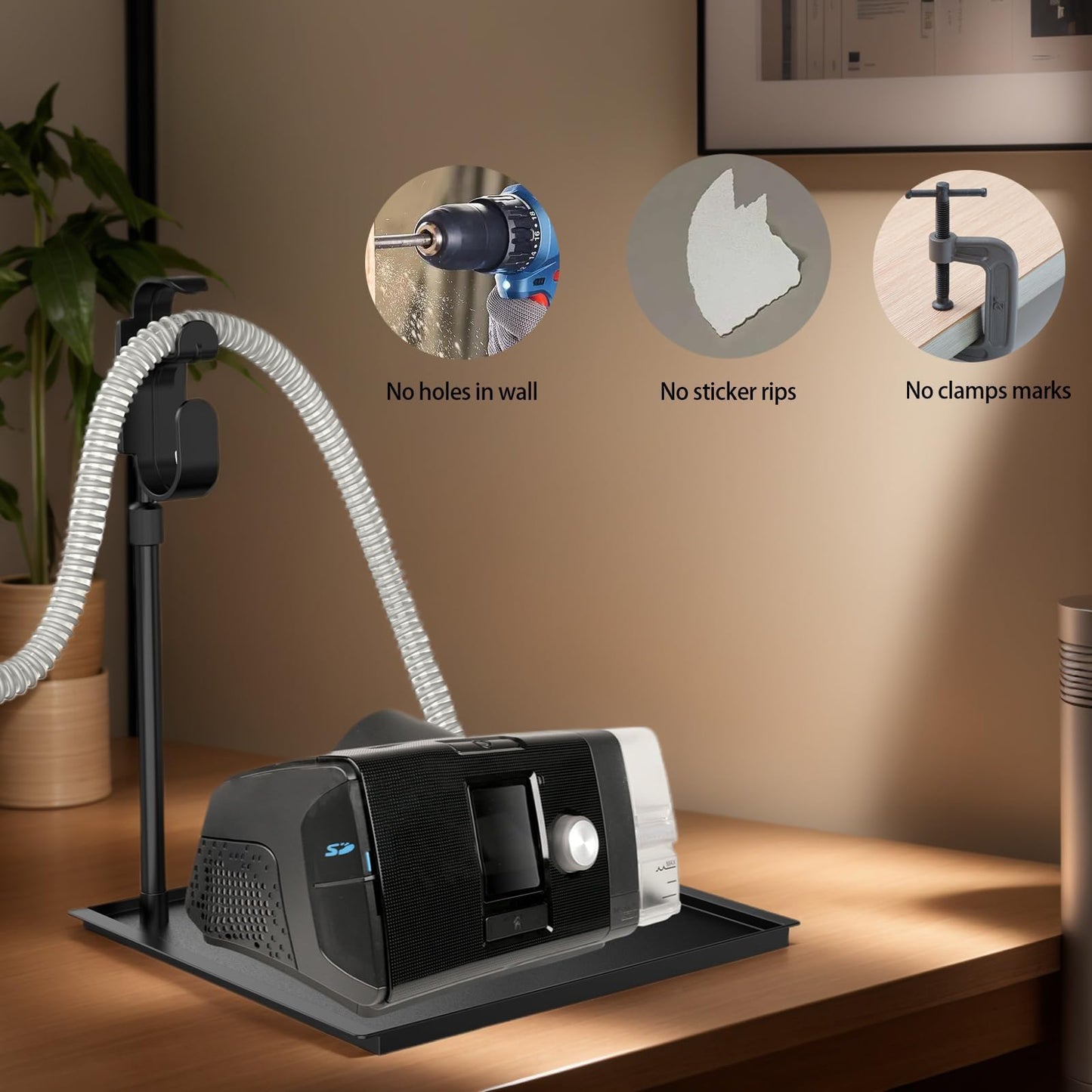 CPAP organizer with telescopic tube hanger