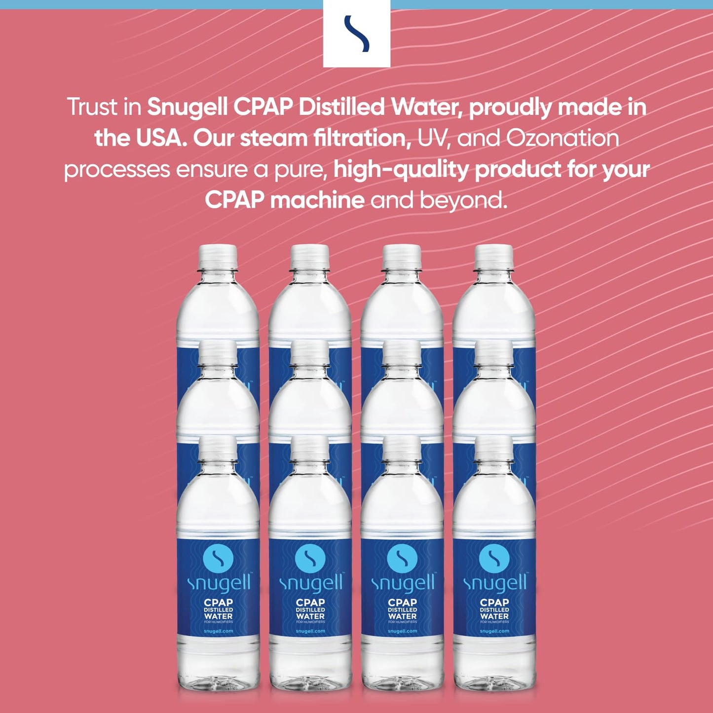 Close up of Snugell distilled water packaging details