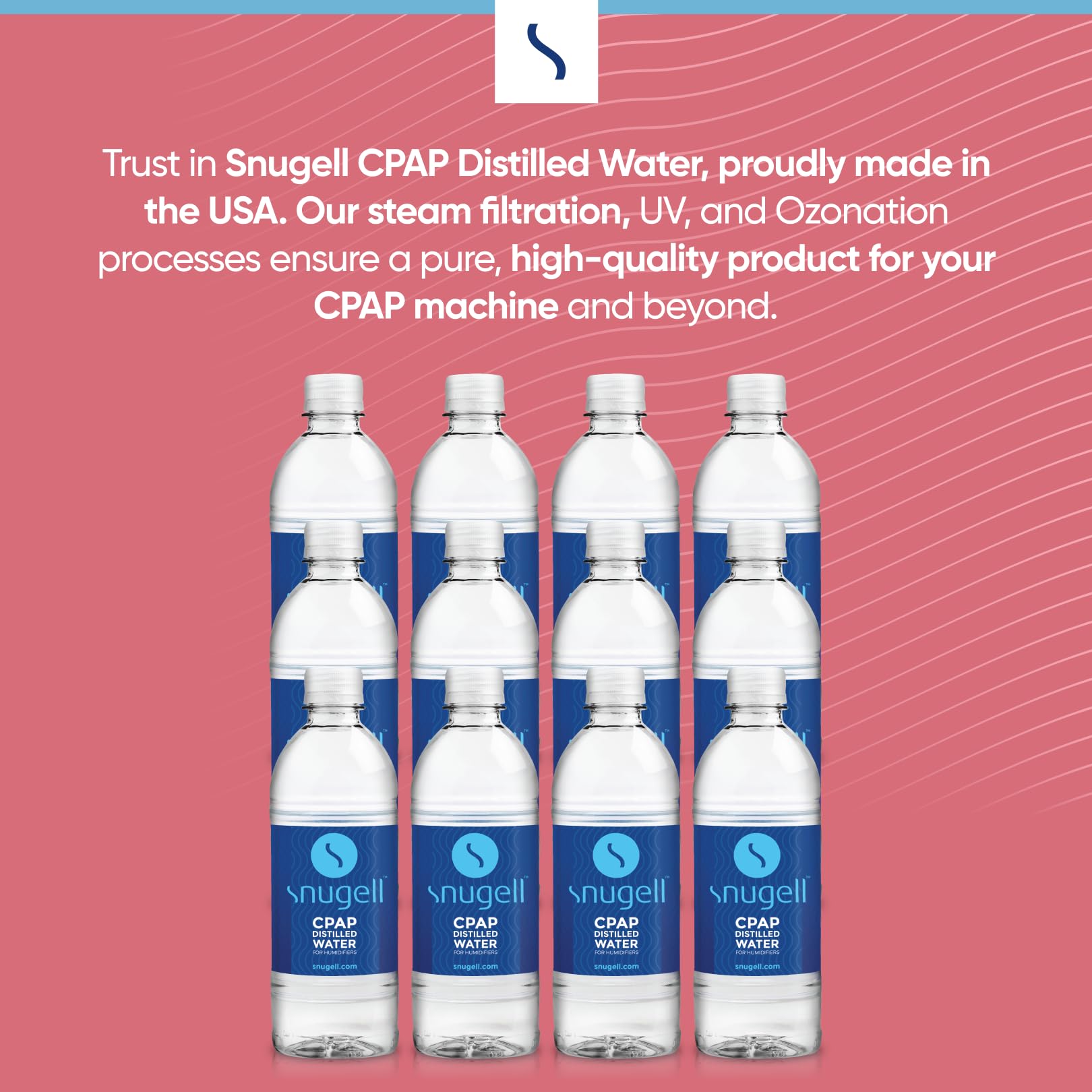 Close up of Snugell distilled water packaging details