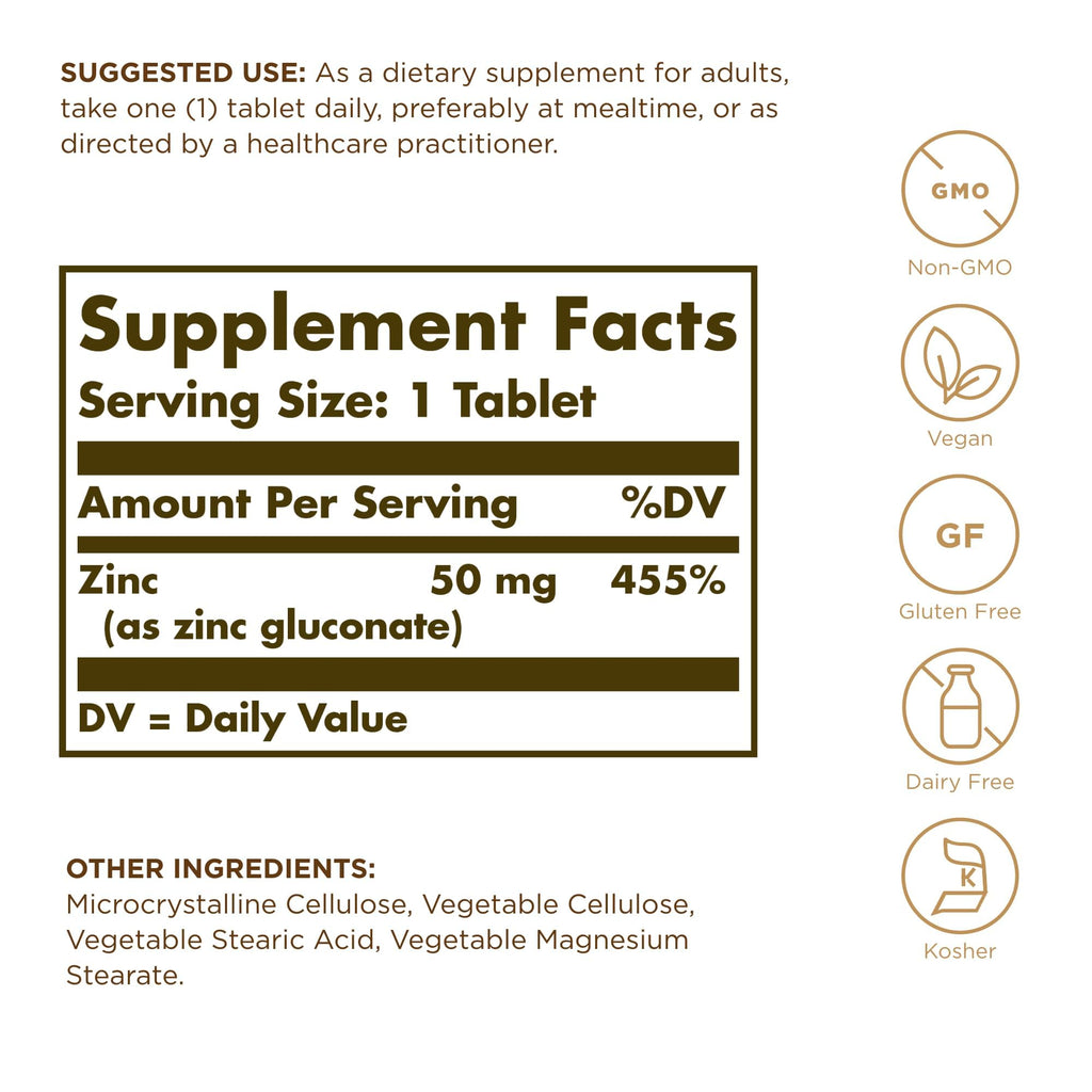 Solgar Zinc 100 count supplement label details