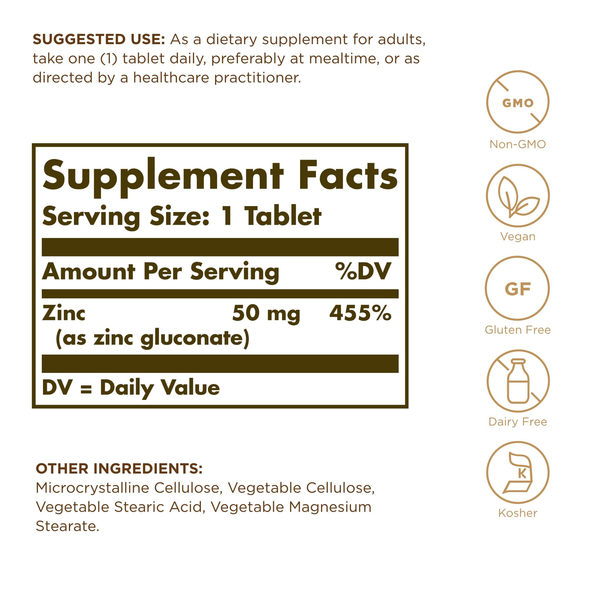 Solgar Zinc 50mg dietary supplement side label showing clean vegan ingredients list