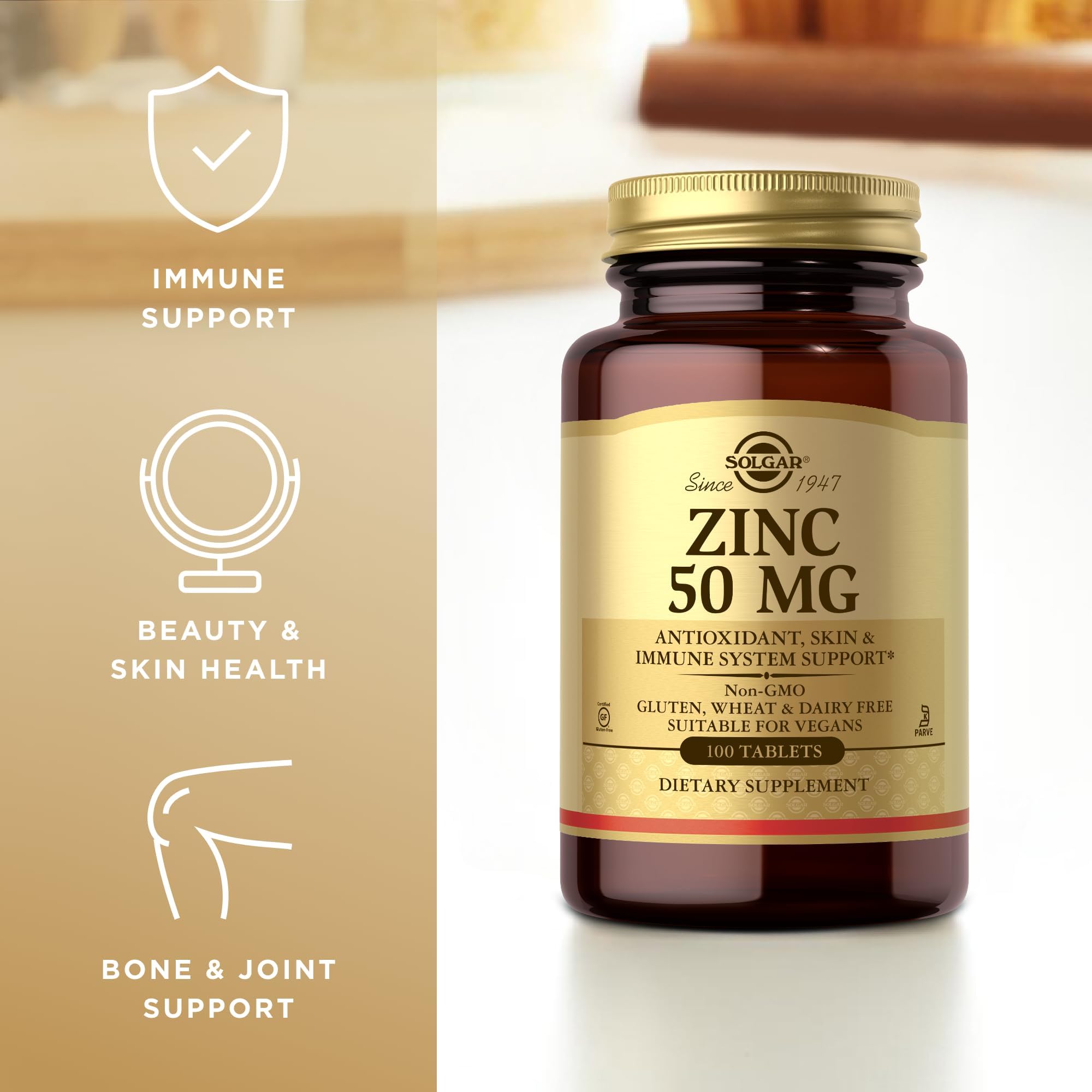 Authentic Solgar high potency zinc gluconate tablets for daily antioxidant defense