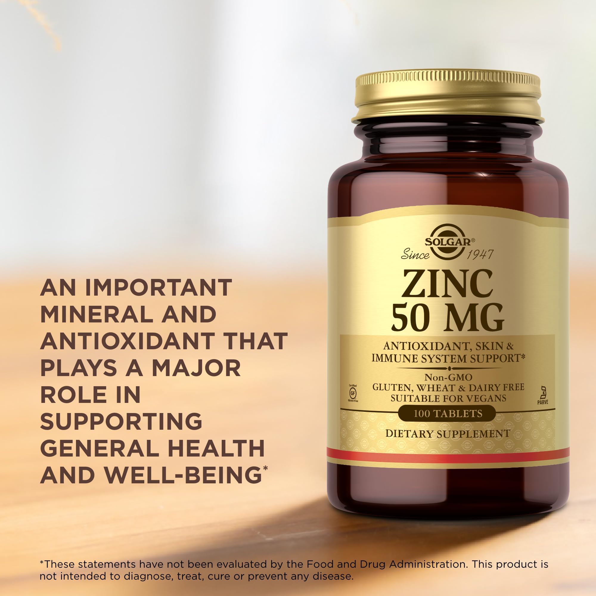 Premium gold label Solgar Zinc fifty milligrams gluten free and dairy free certification