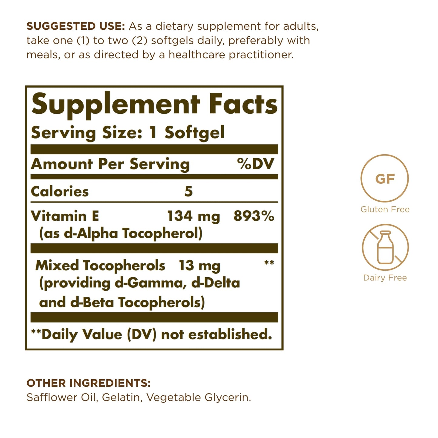 Solgar Vitamin E 134 mg supplement label details and mixed tocopherols fact panel