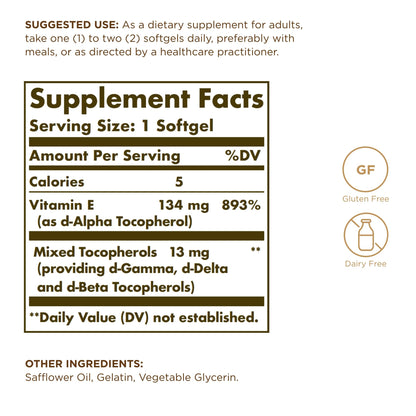 Solgar Vitamin E 134 mg supplement label details and mixed tocopherols fact panel