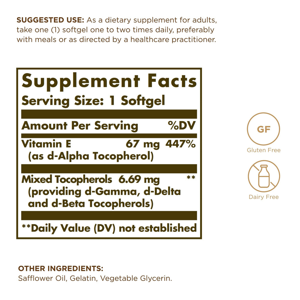 Solgar Vitamin E softgels label showcasing nutritional facts and ingredient details.