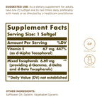Solgar Vitamin E softgels label showcasing nutritional facts and ingredient details.