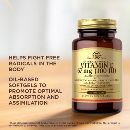 Premium gold label Solgar Vitamin E 100 softgels bottle packaging