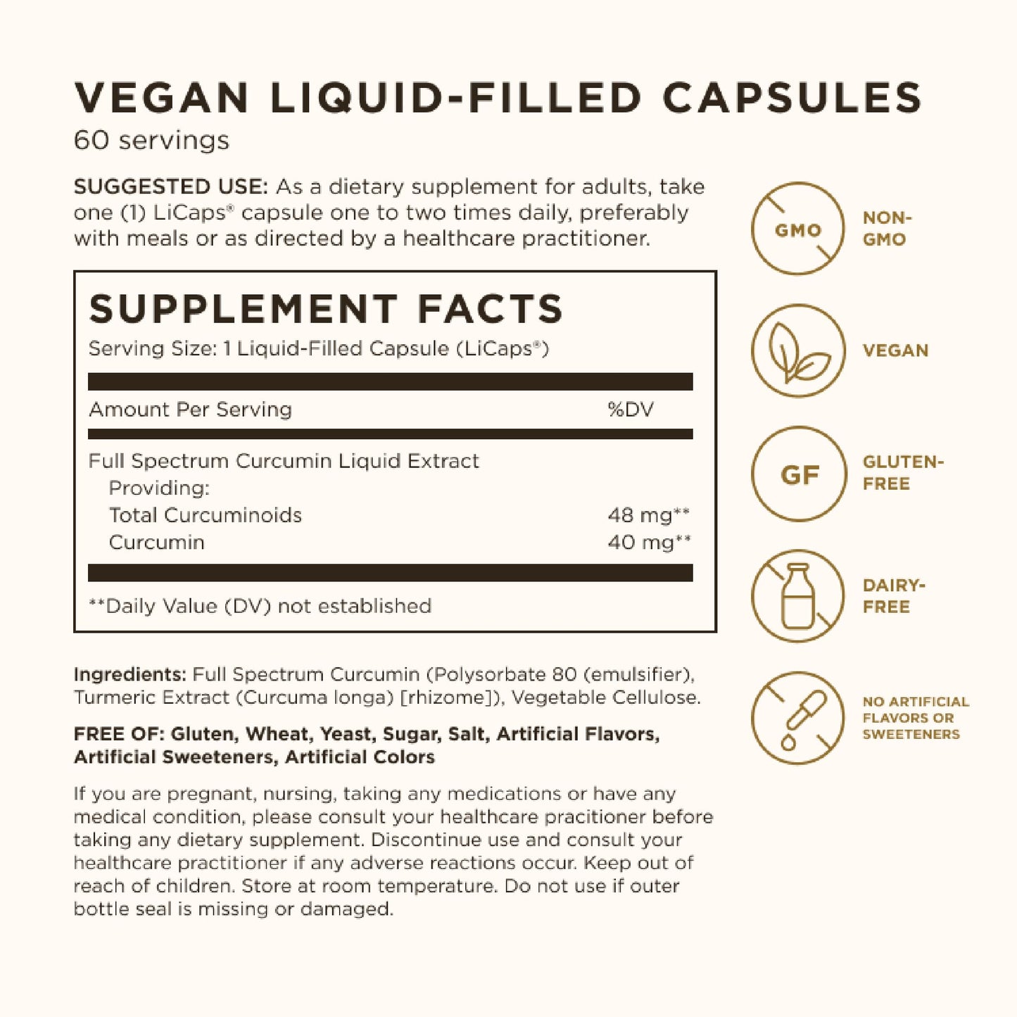 Close up of Solgar Full Spectrum Curcumin label detailing water soluble extract