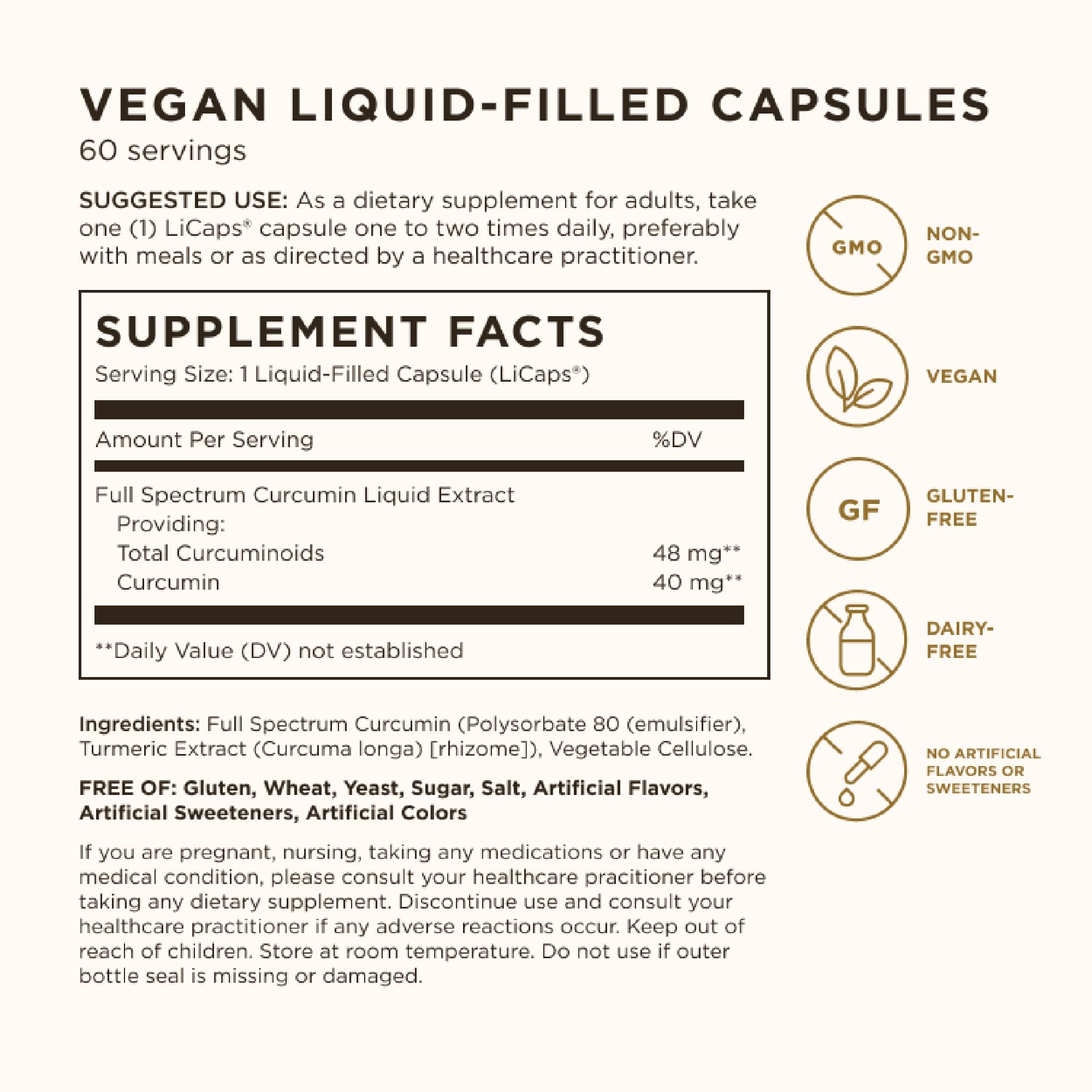 Close up of Solgar Full Spectrum Curcumin label detailing water soluble extract