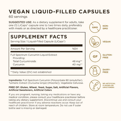 Close up of Solgar Full Spectrum Curcumin label detailing water soluble extract
