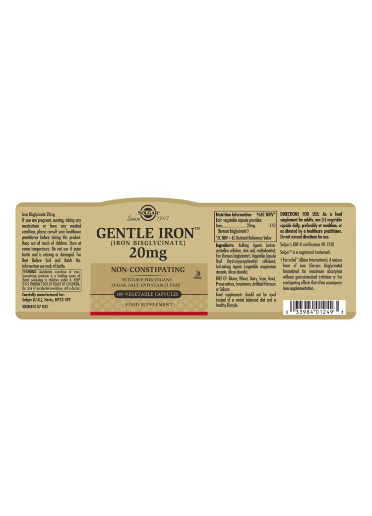 Side angle view of Solgar Gentle Iron 25mg supplement bottle highlighting the premium amber glass packaging.