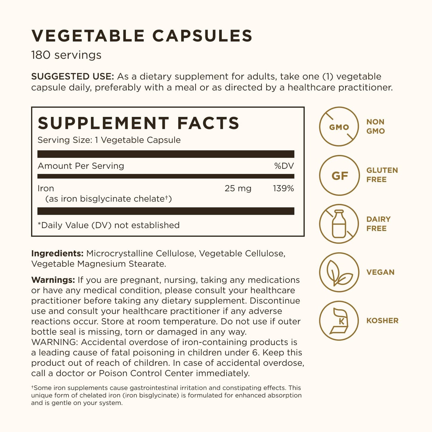 Back label of Solgar Gentle Iron 180 capsules displaying comprehensive nutritional information and clear usage instructions.